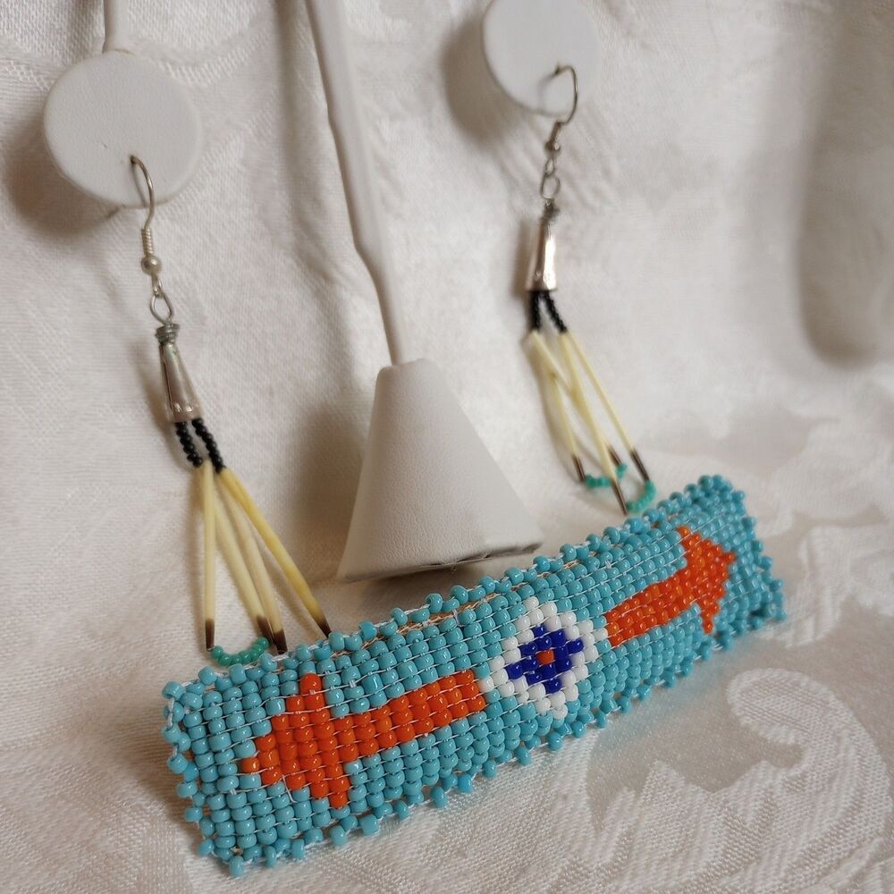 Southwestern Beaded 4" Barrette Vtg Seedbead Hide + porcupine dangle earrings